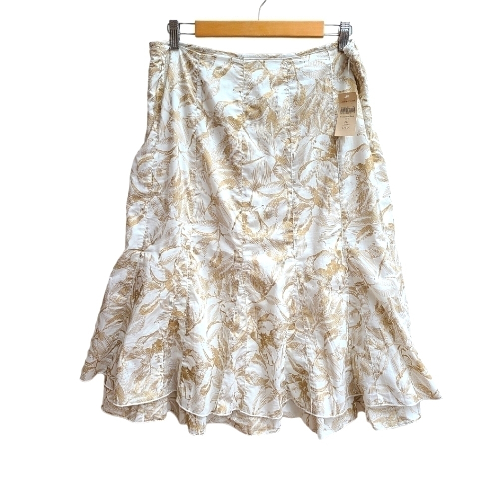 NWT Coldwater Creek Gold Tan Botanical Print Cotton Midi Skirt Size MP